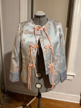 Silk-Blend Pale Blue Embroidered Jacket with Pink Ties